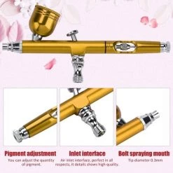 GUAZHUNIFR 0.3mm Pistolet Oxygène,Guazhuni Pistolet à Peinture Compresseur D'Air Kit De Pulvérisation Airbrush Pour La Peinture D'Art Tatouage Gâteau D'Ongles Et Décoration En Aérosol (Or) -Pistolet à peinture Soldes 53916718 5