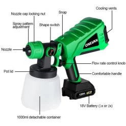 ONEVAN Pistolet à Peinture Sans Fil 800w 1000ml 3 Buse Pulvérisateur De Peinture électrique - Outil De Pulvérisation Pour Makita 18v | Vert Avec 2 Batterie 128vf Et 3 Buses -Pistolet à peinture Soldes 61101229 3