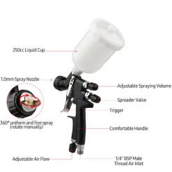 SUPERSELLER HVLP 1.0mm Kit Pistolet à Air 250cc Fluid Cup Gravity Feed Air Paint Pulvérisateur Mini Handheld 360-degree Paint Spraying Gun Pour Voiture Réparation Meubles Surface Mur Peinture DIY Modèles - Noir - 1,0 Mm - Noir - 1,0 Mm -Pistolet à peinture Soldes 62874523 4