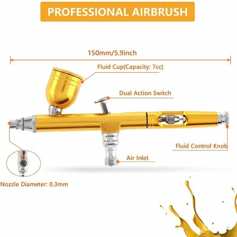 YIENJAOY AGILITY Stylo De Peinture En Aérosol 0.3mm Multi-Usage à Double Action Par Gravité Airbrush Kit Spray Air Brush Gun Tattoo Nail Tool(d'or) 2 YIENJAOY AGILITY Stylo De Peinture En Aérosol 0.3mm Multi-Usage à Double Action Par Gravité Airbrush Kit Spray Air Brush Gun Tattoo Nail Tool(d'or) – Image 2