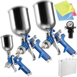 TECTAKE 3 Pistolets à Peinture HVLP (buse De 0,8/1,3/1,7mm) Avec Accessoires Y Compris Chiffons En Microfibres - Pulverisateur Peinture, Machine A Peinture, Peinture Basse Pression - Bleu